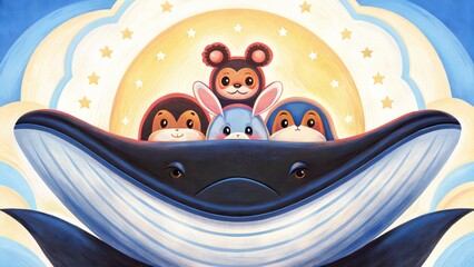 Obraz premium Colorful illustration of whimsical animals peeking from a whale's mouth under a starry sky.