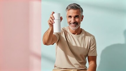 Smiling handsome middle-aged man showing a grooming product for skincare