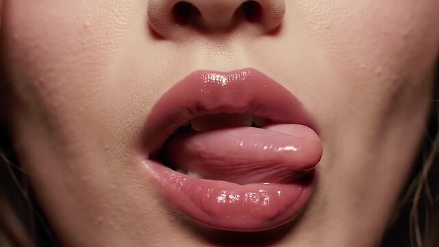 Dramatic Close Up of Glossy Pink Lips and Playful Tongue Expression Captivating Macro Portrait of a Young Woman Exuding Sensuality and Glamour Accentuating Her Moist Skin and Healthy Dental Hygiene