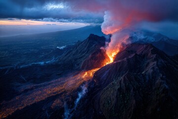 Fototapeta premium Drone Photo of Volcano Erupting at Dusk with Flowing Lava