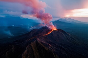 Fototapeta premium Drone Photo of Volcano Erupting at Dusk with Flowing Lava