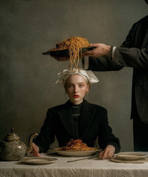 Naklejki Conceptual portrait of a woman in formal attire with pasta placed on her head, blending surreal humor, food art, and high-fashion inspired photography.