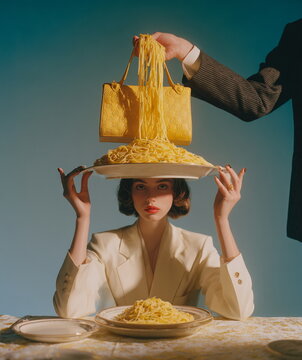 Naklejki Conceptual portrait of a woman in formal attire with pasta placed on her head, blending surreal humor, food art, and high-fashion inspired photography.