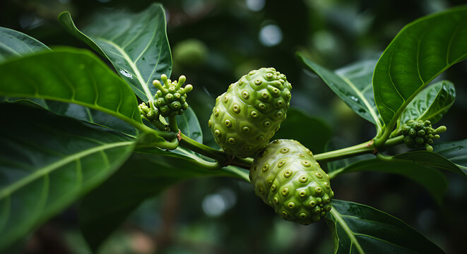 Detail of young noni fruits growing in clusters on tree branches, with green glossy leaves and shallow depth of field.

