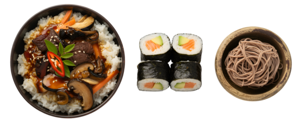Delicious Japanese meal featuring savory beef bowl, fresh sushi rolls, and soba noodles, perfect for culinary themes.