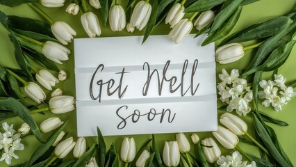 Lightbox featuring 'Get Well Soon' text bordered by white tulips and hyacinths on a green base, suitable for recovery greetings or greeting card ideas.