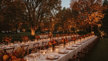 Al fresco marriage ceremony featuring lengthy banquet tables decorated with flowers, candles, and complete place settings in fall colors