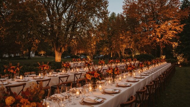 Al fresco marriage ceremony featuring lengthy banquet tables decorated with flowers, candles, and complete place settings in fall colors
