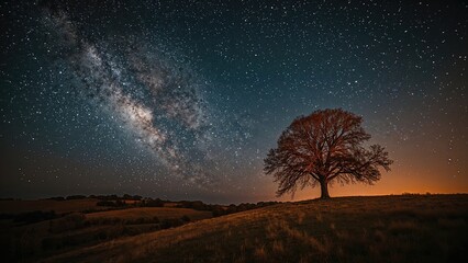 Fototapeta premium Starry Milky Way shining above a tree on a gentle incline, with sunrise colors starting to appear.
