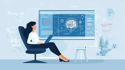 Modern workspace illustration of woman analyzing brain data for innovative research - Powered by Adobe