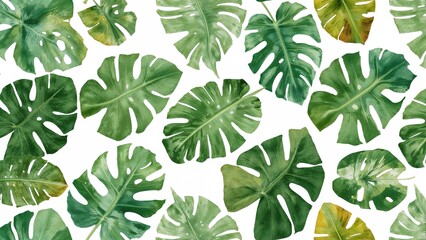 Seamless watercolor design featuring tropical foliage on a white surface