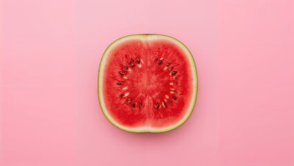 Top-down view of red watermelon artwork on a soft pink surface. Summertime concept with room for text in a square layout.
