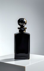 Luxurious Black Perfume Bottle with a Faceted Gem-Like Stopper on a White Pedestal