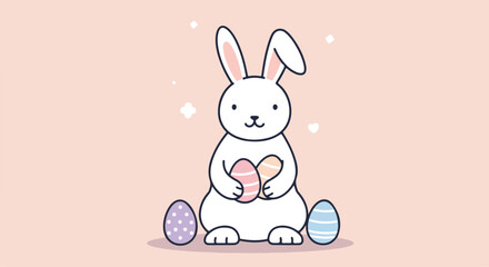 Fototapeta premium Cute rabbit holding Easter eggs on pink backdrop, for cards and social media