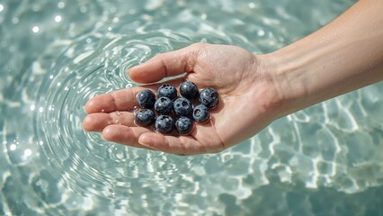 Rinsing blueberries under clean water by hand