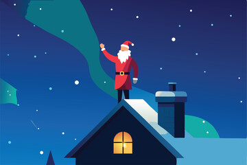 Fototapeta premium santa claus waving from a chimney rooftop under a.eps