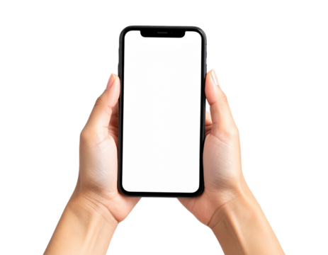 Hands holding a smartphone with a blank screen against a transparent background