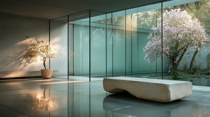 Modern minimalist interior, serene space with glass walls, natural light illuminating a wooden bench, perfect for relaxation.