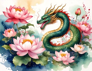 Chinese Watercolor Snake Dragon with Flowers and Gold Aura