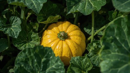 Obraz premium Bright yellow squash thriving among dense green foliage in a sunny garden