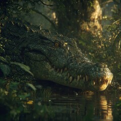 Obraz premium A powerful crocodile resting on a muddy riverbank, textured dark green scales glistening with water droplets, sharp teeth partially visible, half-submerged in calm murky water surrounded by dense trop