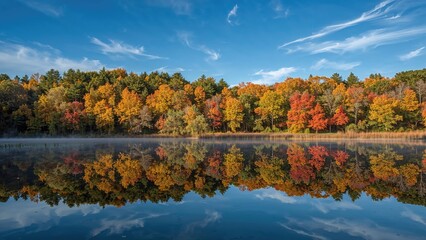 Obraz premium Colorful fall trees reflected on the pond surface