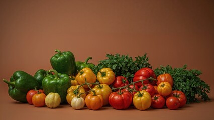 Freshly picked vegetables including bell peppers and colorful tomatoes on a rustic brown surface