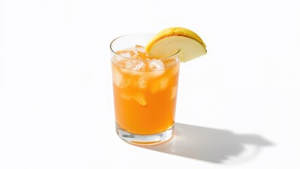Freshly poured vegetable and fruit juice in a clear glass against a white backdrop