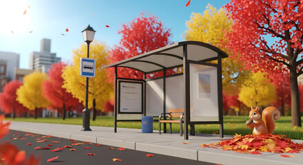 A charming cartoon squirrel sits amidst a pile of colorful autumn leaves at a bus stop, with vibrant trees and city buildings in the background.