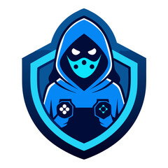 Fototapeta premium Masked Gamer in Blue Hoodie Holding Controllers with Stylized Motion Badge