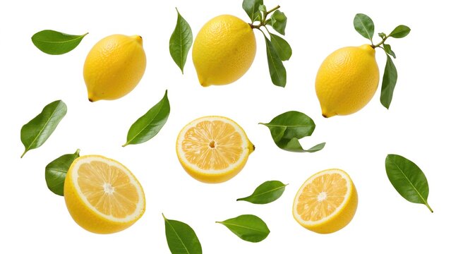 Unique composition featuring fresh whole and sliced lemons with green leaves suspended in midair on a clean background. Representation of floating food or gravity-free environment. High clarity image
