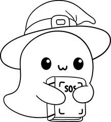 cute ghost with halloween book in cozy outline style for kids coloring fun