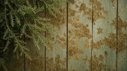 Green leafy thuja branches in autumn setting, wood grain background