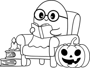 halloween cute ghost wearing glasses and reading on a chair in outline cartoon coloring page
