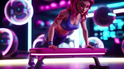 A powerful muscle wolf cartoon character, a determined woman with pink hair, engages in a futuristic gym workout, showcasing strength and fitness in a neon-lit environment. - Powered by Adobe