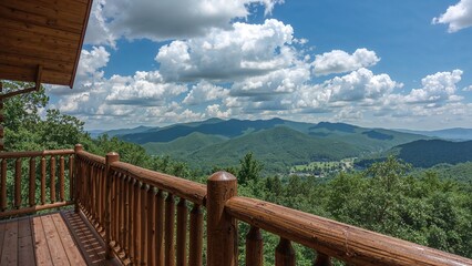 A charming wooden cabin nestled in misty hills offers breathtaking vistas from its porch, featuring sweeping mountain landscapes and soft drifting clouds.