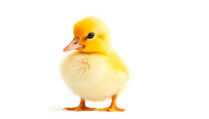 Obraz premium A fluffy yellow duckling playfully perched against a pristine white background, pet, yellow