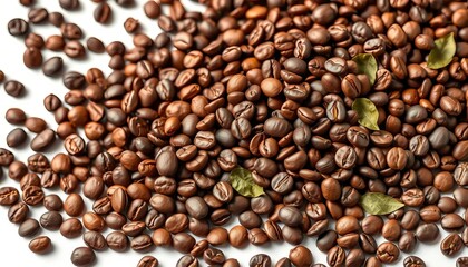 Fototapeta premium A rich pile of roasted coffee beans with scattered coffee leaves, isolated on white, coffee shop, coffee