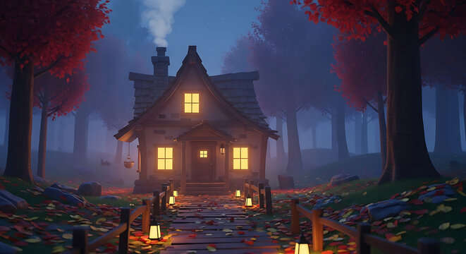 Cozy autumnal cottage nestled in a misty forest at twilight.