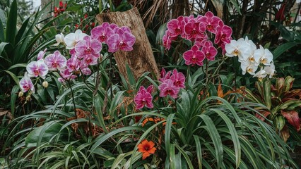 Naklejka premium An eye-catching display of orchids and mixed foliage planted in a decorative pot.