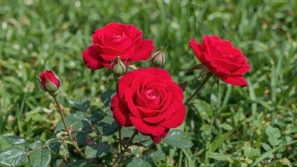 Vibrant crimson roses flourishing in a sunny garden setting