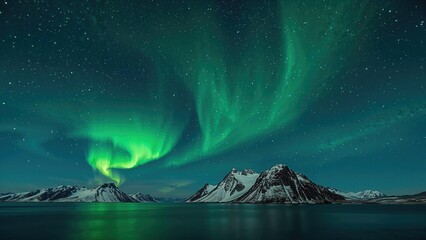 Naklejka premium Polar lights glowing vividly over a serene winter coastline with snow-covered peaks and a starry backdrop.