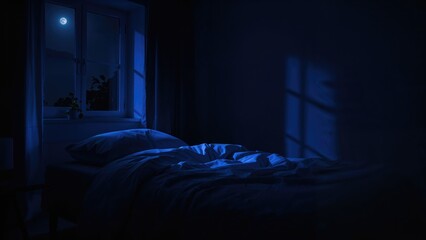 Nighttime illumination from moonlight and blue light reveals a bedroom corner with a pillow, sheet, and duvet on a nightstand, producing ghostly light and shadow effects in a contemporary design.