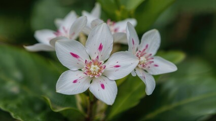 Zoomed-in photograph of a Pseuderanthemum flower with pristine white petals decorated with striking cerise pink patterns and a blurred background