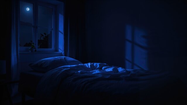 Nighttime illumination from moonlight and blue light reveals a bedroom corner with a pillow, sheet, and duvet on a nightstand, producing ghostly light and shadow effects in a contemporary design.