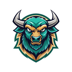 Fierce green bulls head with sharp horns and an aggressive expression, presented as a powerful mascot or logo design, isolated on a white background