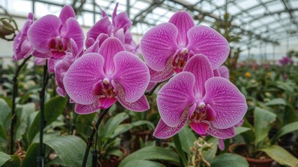 Vivid pink orchids blossoming beautifully inside a glasshouse.