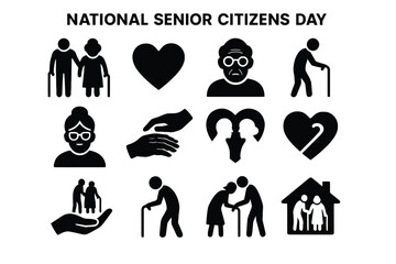 National Senior Citizens Day – 12/16 Solid Black Silhouette Vector EPS Set Collection