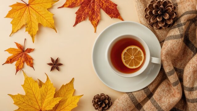 Concept of autumn feelings. Top-down image featuring a tea cup with lemon on a saucer, anise, yellow maple leaves, a pine cone, and a plaid cloth laid out on a muted beige background
