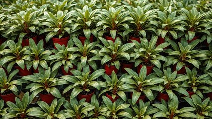 Fototapeta premium A vertical arrangement of green-leafed plants secured with red bands, ideal for bringing natural beauty and uplifting vibes to indoor spaces.